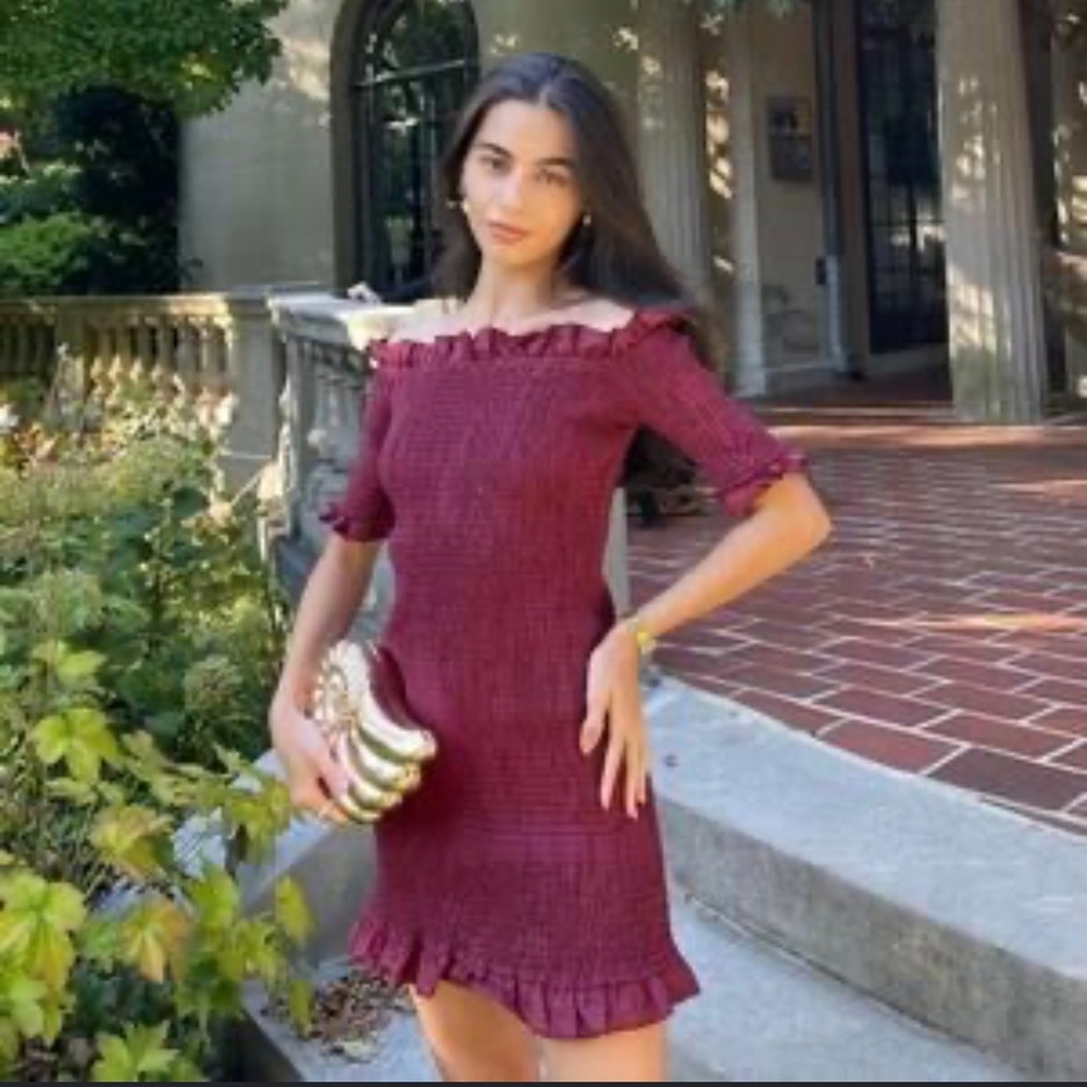 Georgie Womens Smocked Off-the-Shoulder Ruffle Mini Dress Burgundy Red Small‎